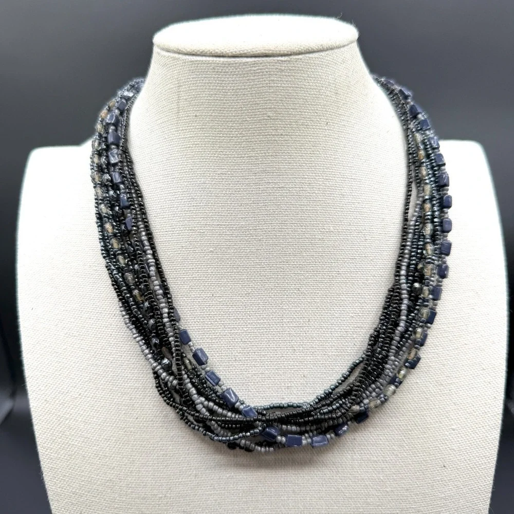 Multi Strand Black Gray Blue Beaded Statement Necklace Layered Boho AdjustableMu